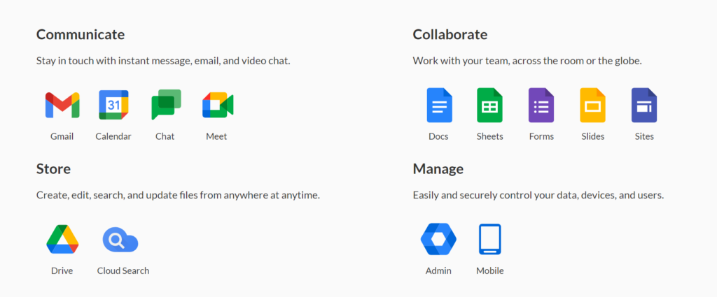 Google Workspace features offered on Domain.com: Gmail, Meet, Docs, Sheets, and other essential apps