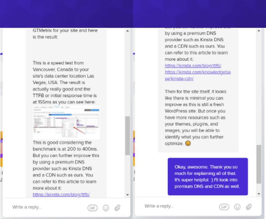 A screenshot of an interaction with Kinsta support, showing a thorough set of responses about our current site speed and what we could do to improve it.