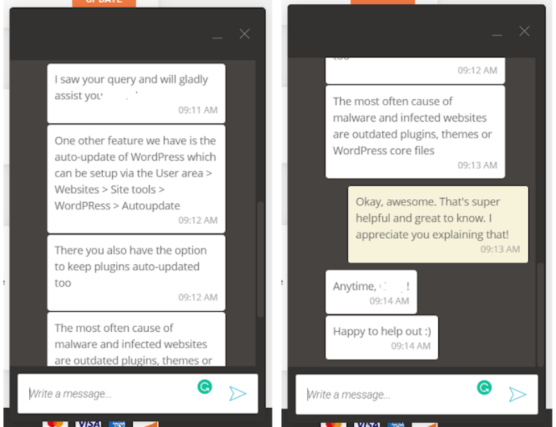 A screenshot of an interaction with SiteGround support, where the representative took the time to explain key elements of proactive site security.