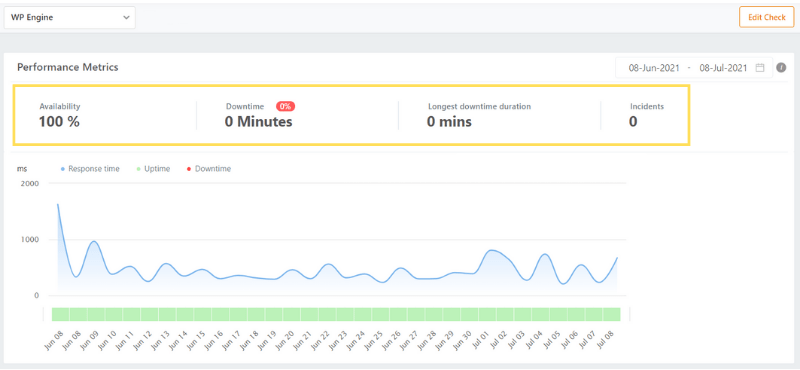 A graph showing 100% uptime performance from WP Engine when we tested it using a test site for one month