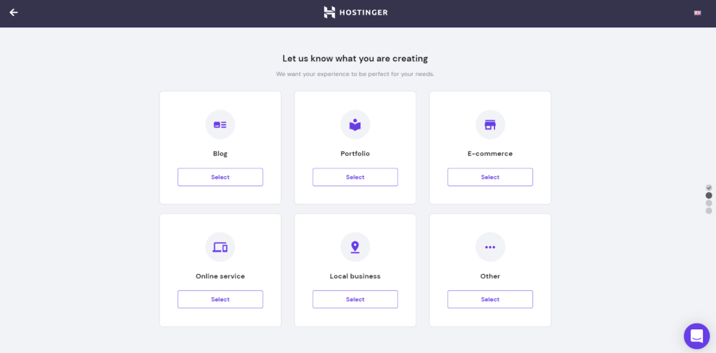 Hostinger signup page where you choose what kind of website you're creating