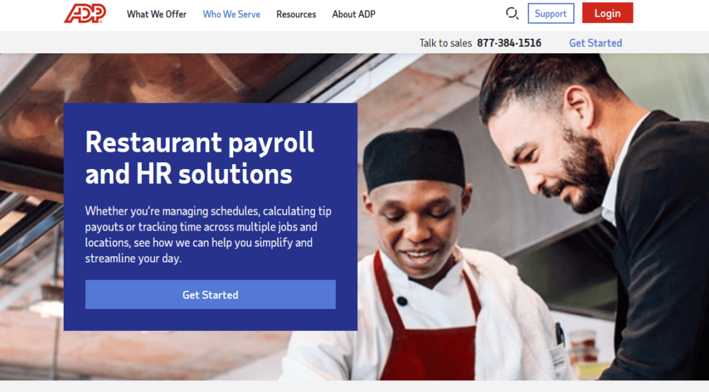ADP restaurant payroll page with a chef working in the kitchen