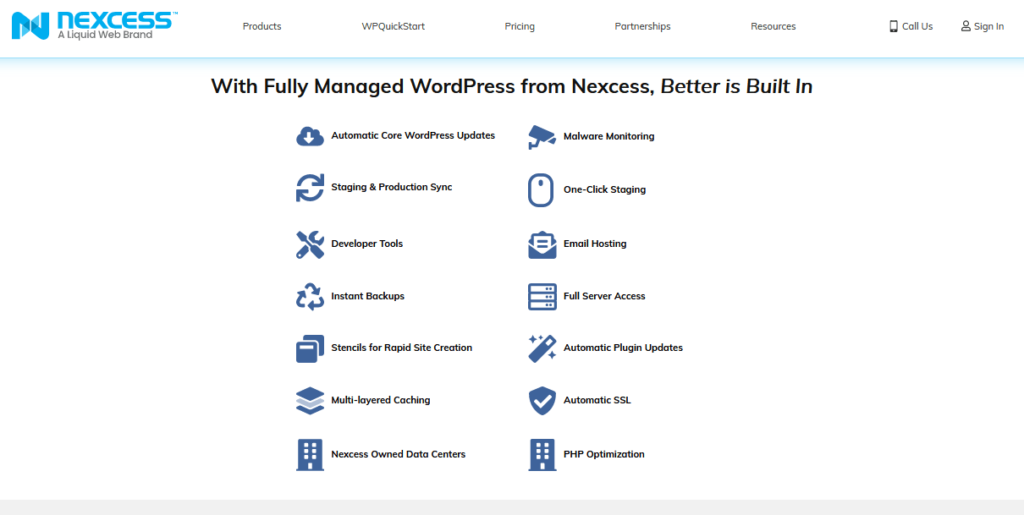El alojamiento de WordPress mejor administrado comparado y revisado - nexcess managed WP hosting feature set 1024x515