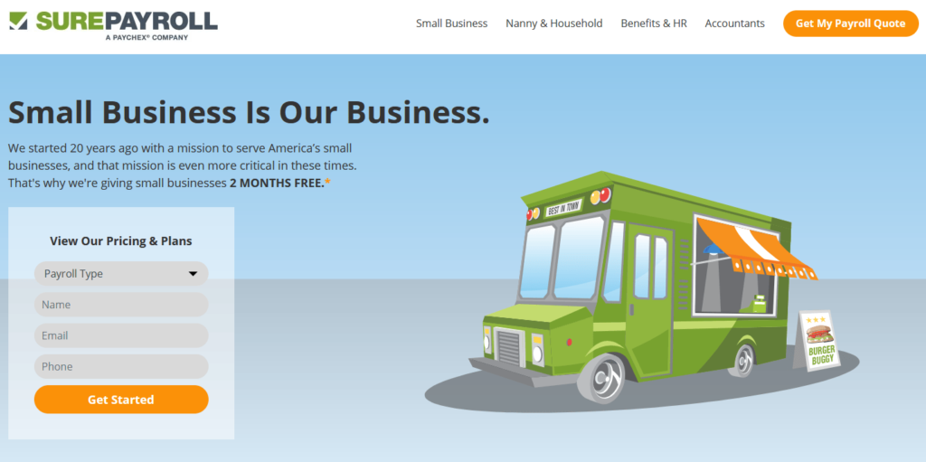 SurePayroll homepage highlighting small businesses