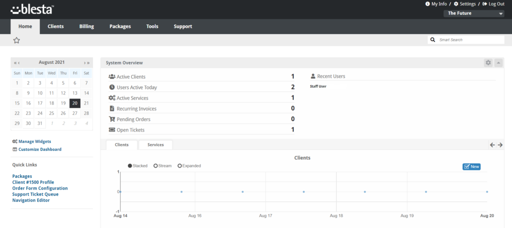 A screenshot of the Blesta interface, showing a system overview and a graph showing resource usage.