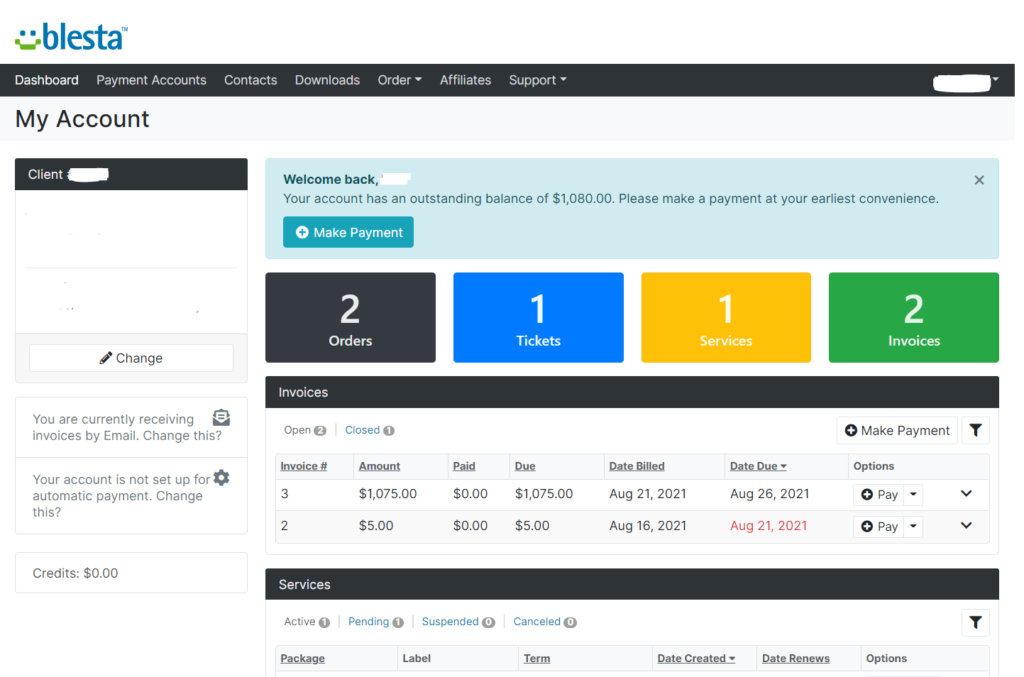 A screenshot of client-facing side of the Blesta interface, showing orders, support tickets, open invoices, and more.