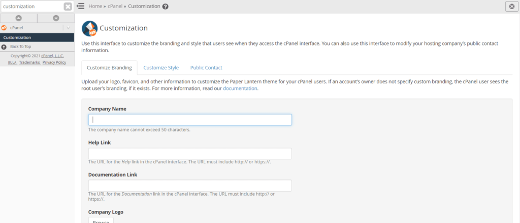 A screenshot of cPanel's options for white-label customization, including fields for Company Name, Help Link, and Company Logo.