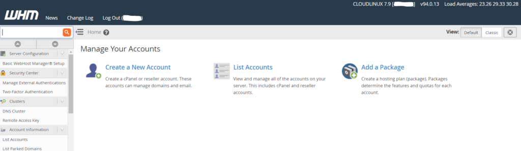A screenshot of WHM, showing the options for creating a new account, viewing a list of accounts, and adding a custom hosting package to offer clients.
