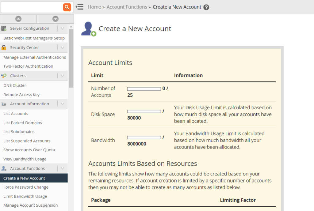 A screenshot of the interface for creating a new client account in WHMCS, showing allotments for total number of accouts, disk space, and bandwidth.