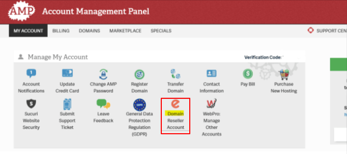 A screenshot of InMotion Hosting's AMP control panel, with the button for domain reselling highlighted