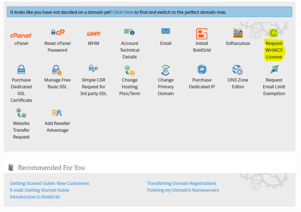 A screenshot of InMotion Hosting's control panel, with the button for requesting a WHMCS license highlighted.