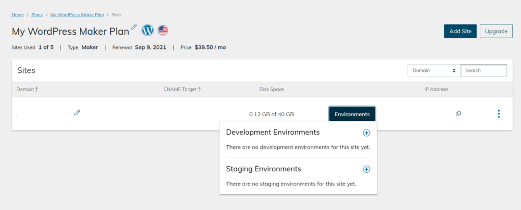 A screenshot of the Nexcess control panel for a single hosting plan, showing the ability to add websites, development environments, or staging environments.