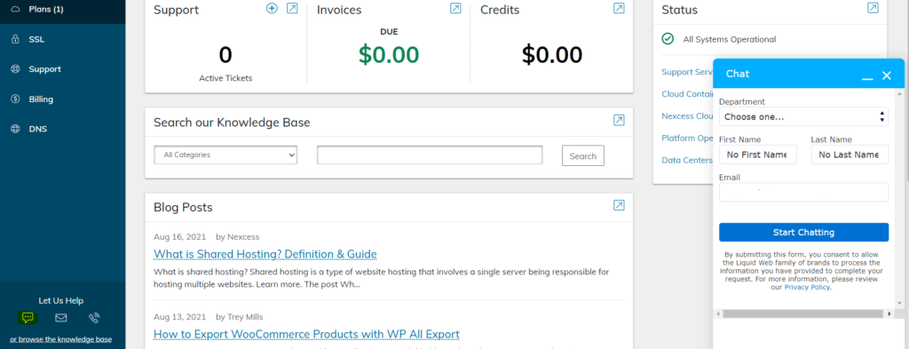 A screenshot of the client-facing portal for Nexcess agency hosting, with information about open invoices, support tickets, server status, and more.