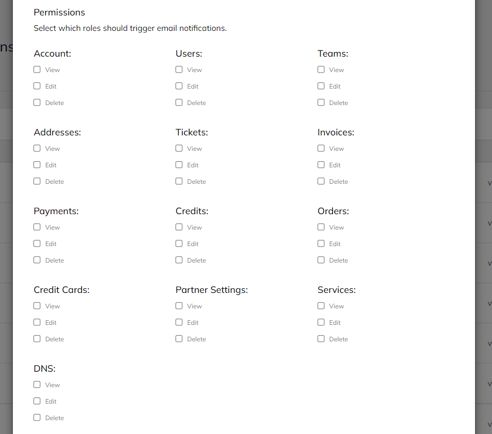 A screenshot of premade user access roles and permissions in the Nexcess control panel.