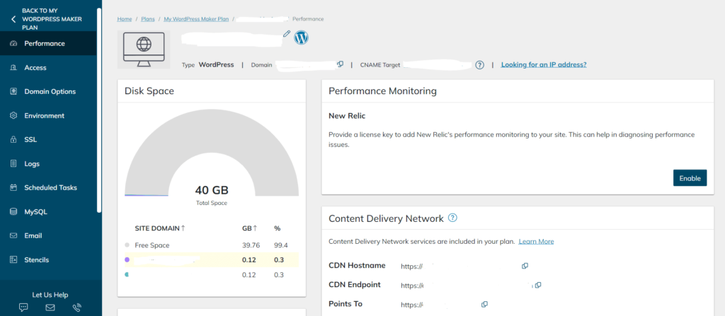 A screenshot of the Nexcess control panel section for analyzing a single site on agency hosting, showing allocations and other metrics.