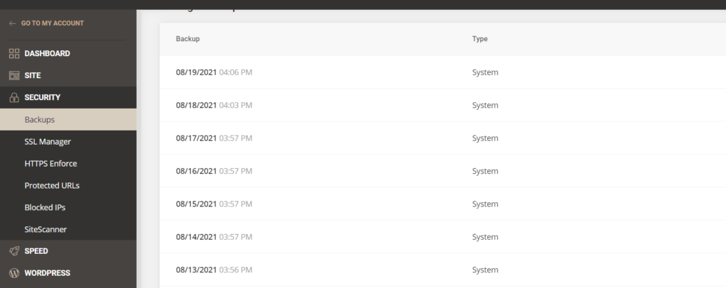 A screenshot showing a list of saved backups in SiteGround's Site Tools control panel.