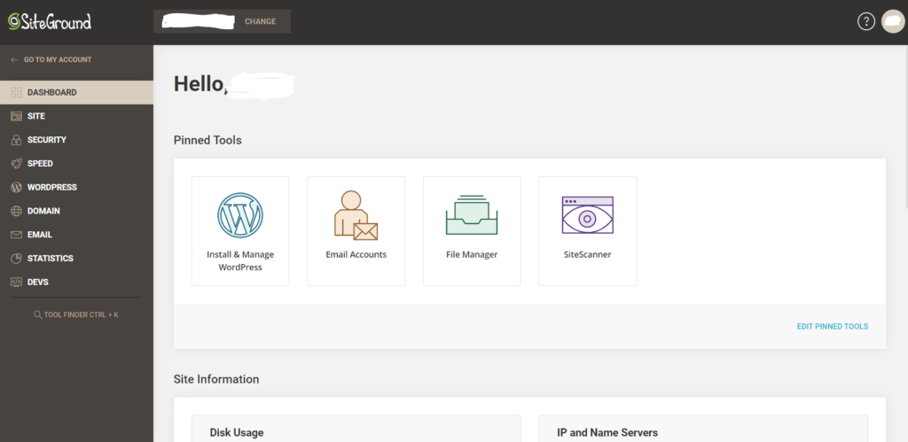 A screenshot of the Site Tools interface for managing clients, email accounts, files, hosting elements, sites, and more.