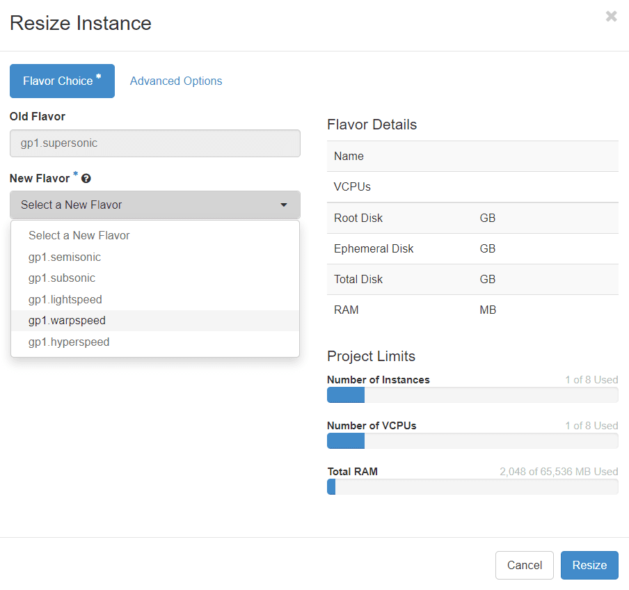 A screenshot of the DreamCompute interface for resizing a provision, with six prebuilt options to choose from and sliders for customizing the allotment of CPUs, disk space, and RAM.