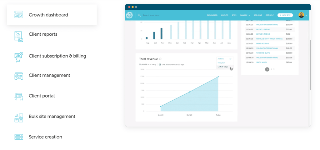 A screenshot of the Flywheel hosting dashboard, showing sections for client management, site management, and a client portal.