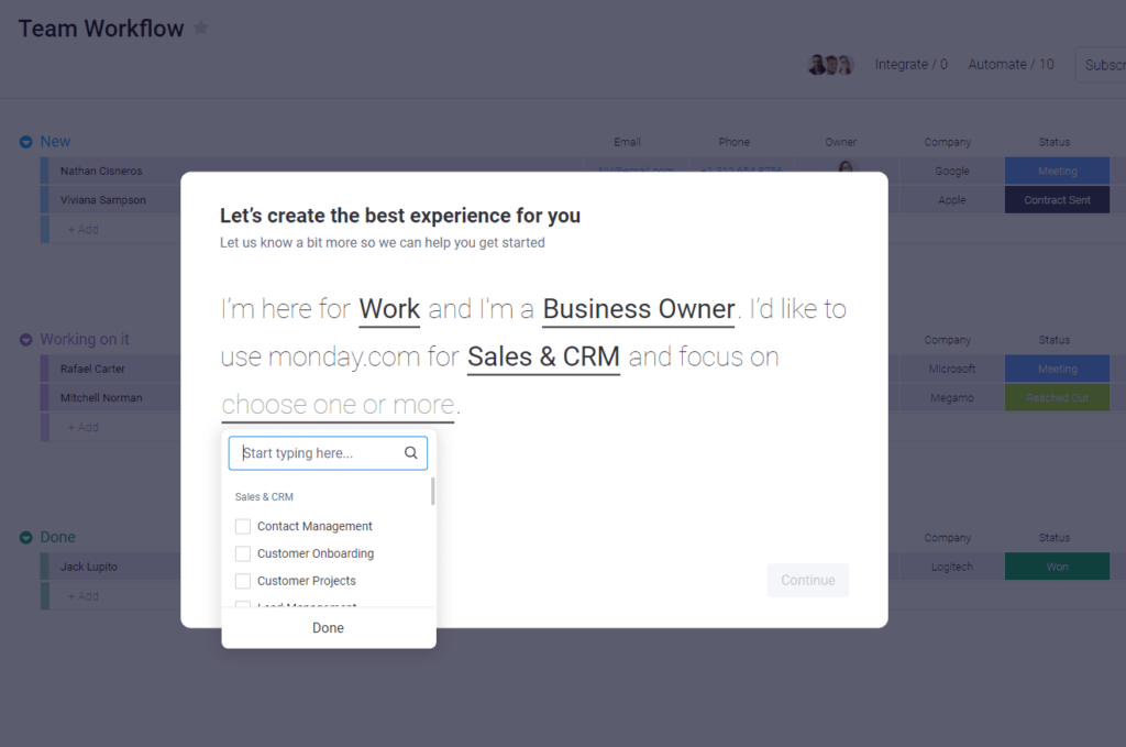 Choosing a learning experience in Monday Sales CRM