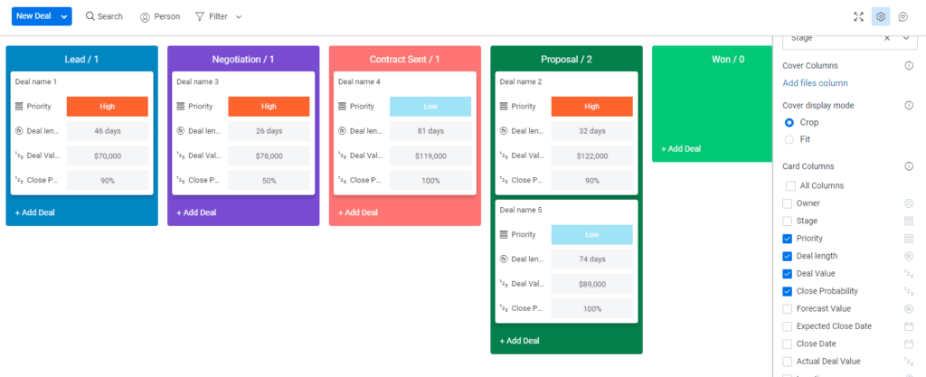 Kanban style project tracking in Monday Sales CRM
