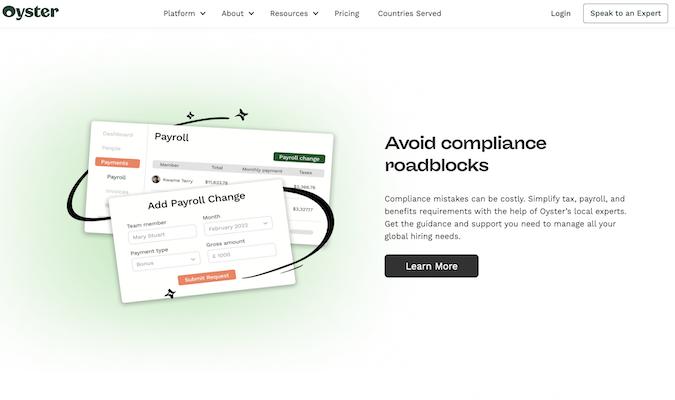 Oyster's global employment page highlighting payroll compliance benefits